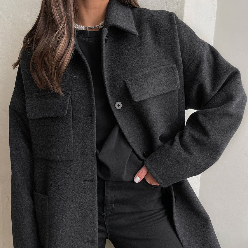 Dark Gray Woolen Coat Collared Single Breasted Neutral Minimalist Autumn Winter Retro Shirt for Women