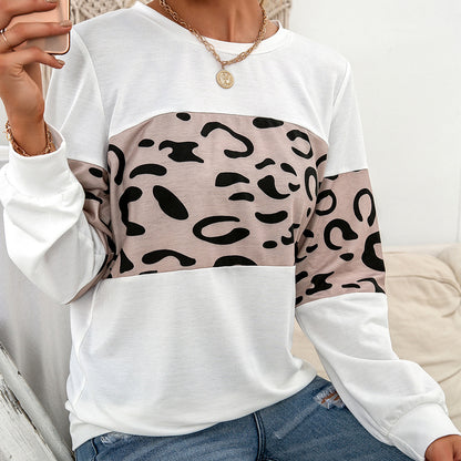 Autumn Winter Casual Knitted Leopard Print Pullover round Neck Contrast Color Patchwork Women