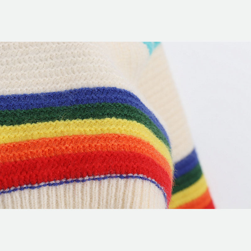 Rainbow Striped Jacquard Thick Sweater Women Autumn Winter Loose  Women Clothing Cardigan