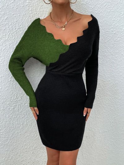Autumn Winter Sweater V neck Wave Batwing Sleeve Knitted Dress