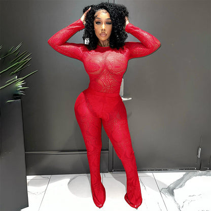 Women Clothing Autumn Winter Lace Hollow Out Cutout out See through Jumpsuit Trousers Sets