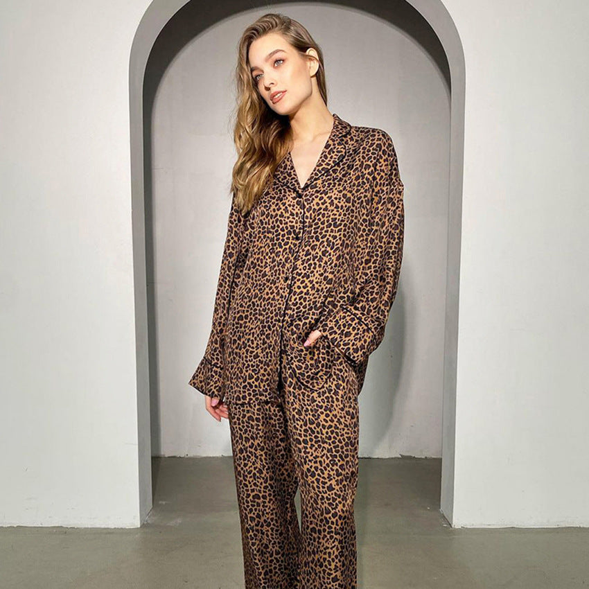 Leopard Print Shirt Long Sleeved Trousers Pajamas Two Piece Set Home Wear