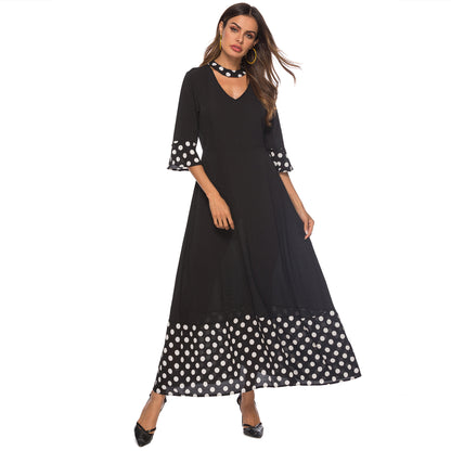 Women Clothing Dress V neck Flared Sleeves Stitching Polka Dot Dress