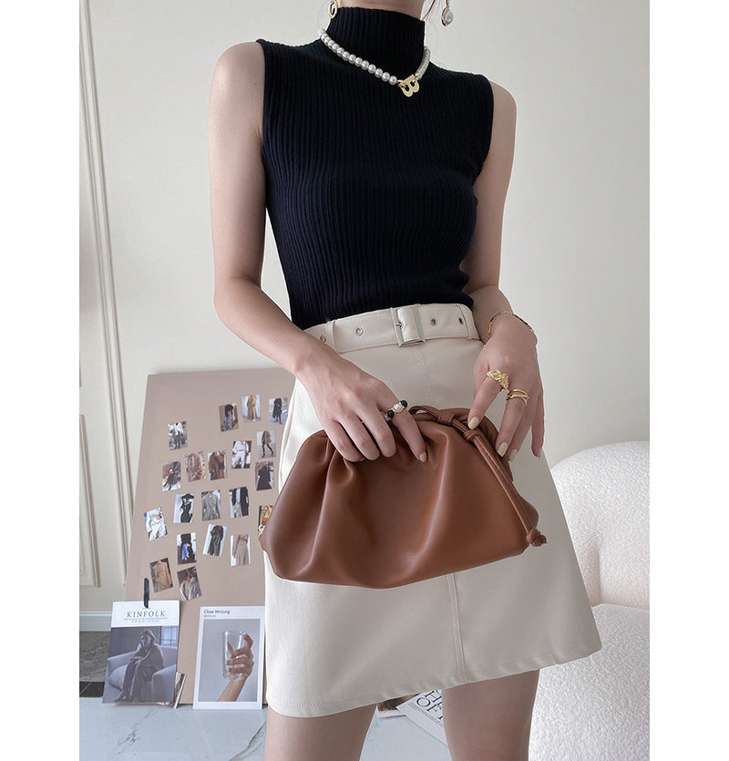 Elegant Half Turtleneck Knitted Vest Women Autumn Winter Inner Wear Bandage Sleeveless Top