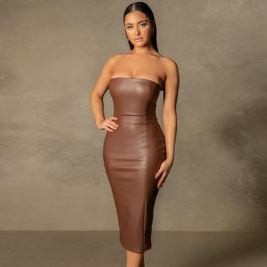 Autumn Winter Solid Color Faux Leather Elegant Slim-Fit Tube Top Back Slit Sexy Midi Dress