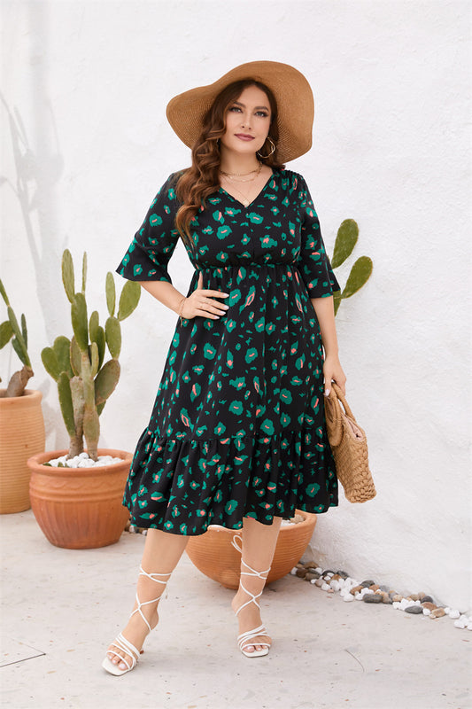 Plus Size Women Clothing Summer V Neck Short Sleeve Ruffled Elastic Waist Dress