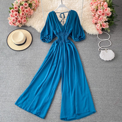 Socialite Elegant V neck Straight Leg Wide Leg Light Luxury Backless Mopping Casual Summer Jumpsuit