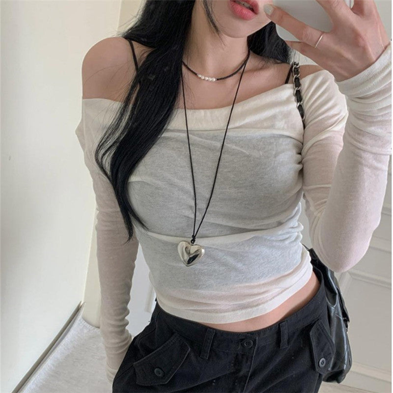 Multiple Wear Swing Collar Solid Color Thin Bottoming Shirt Women Autumn Slim Fit Pullover Micro Transparent Long Sleeve T Shirt