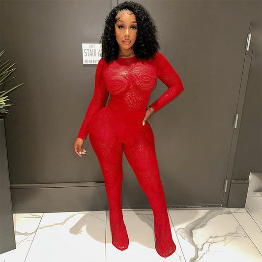 Women Clothing Autumn Winter Lace Hollow Out Cutout out See through Jumpsuit Trousers Sets