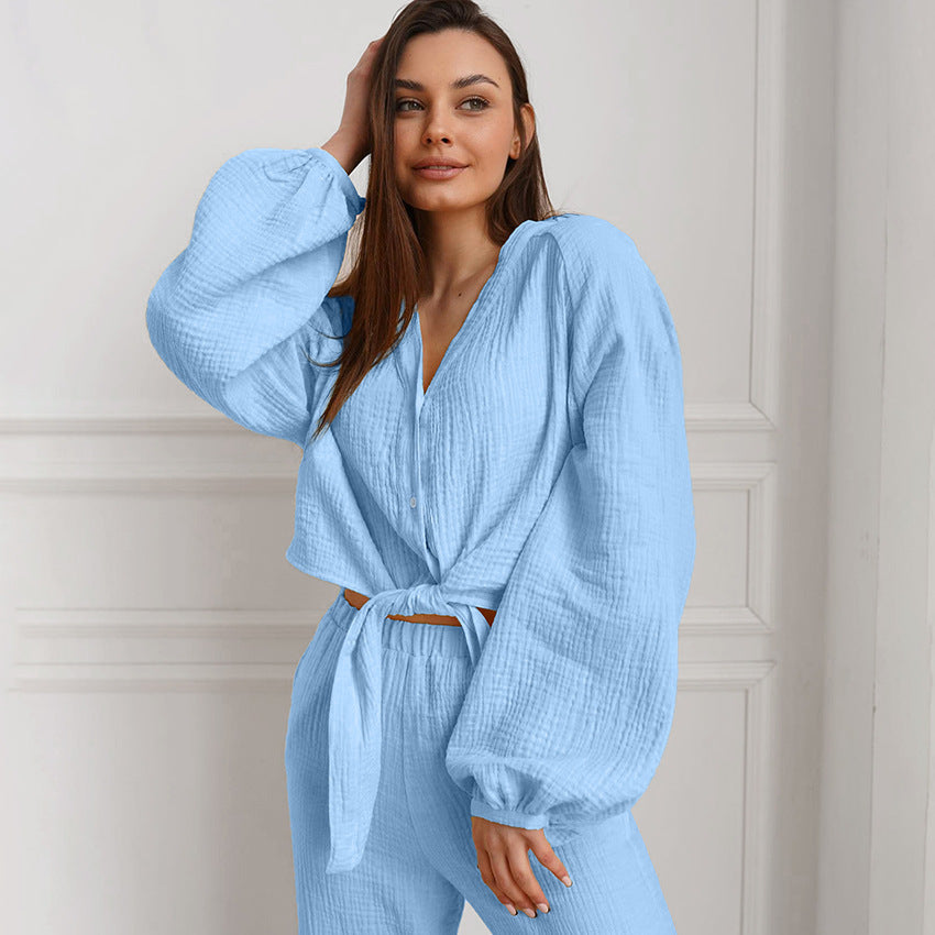 Autumn Winter Blue Color Simple Outdoor Long Sleeved Trousers Pajamas Two Piece Set Home Wear for Women