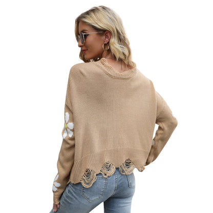 Autumn Winter Ripped Long Sleeves Loose Sweater Little Floral V-neck Pullover Sweater