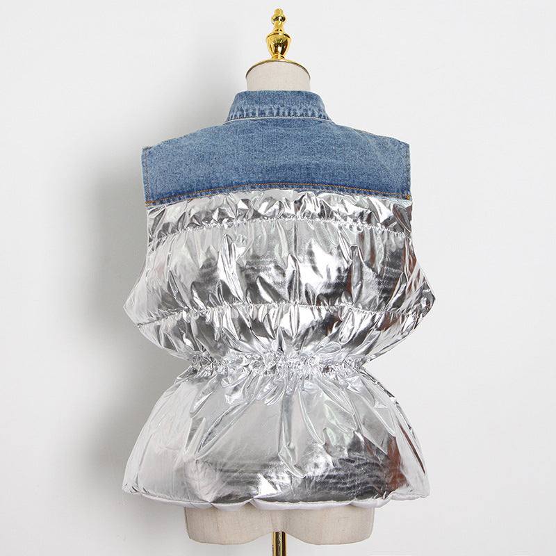 Design Denim Stitching Vest for Women Autumn Casual Waist-Tight Waistcoat Cotton Coat Jacket
