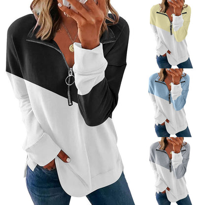 Autumn Winter Contrast Color Zipper Pullover Sweater Women Loose All-Matching Long Sleeve Top