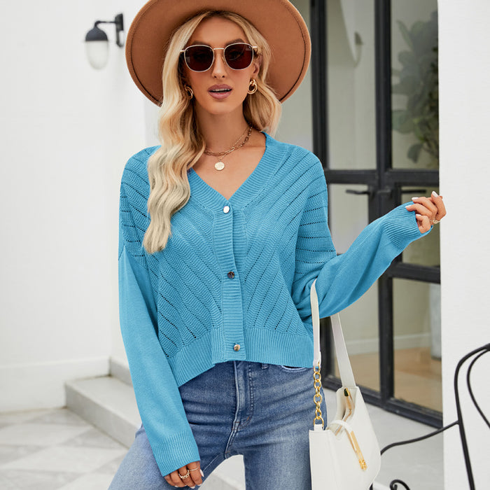 V Neck Hollow Out Cutout Knitted Cardigan Outer Wear Loose Long Sleeved Knitted Top Women Solid Color Cardigan