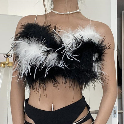 Autumn Women Sexy Off Shoulder Zipper Furry Tube Top Vest