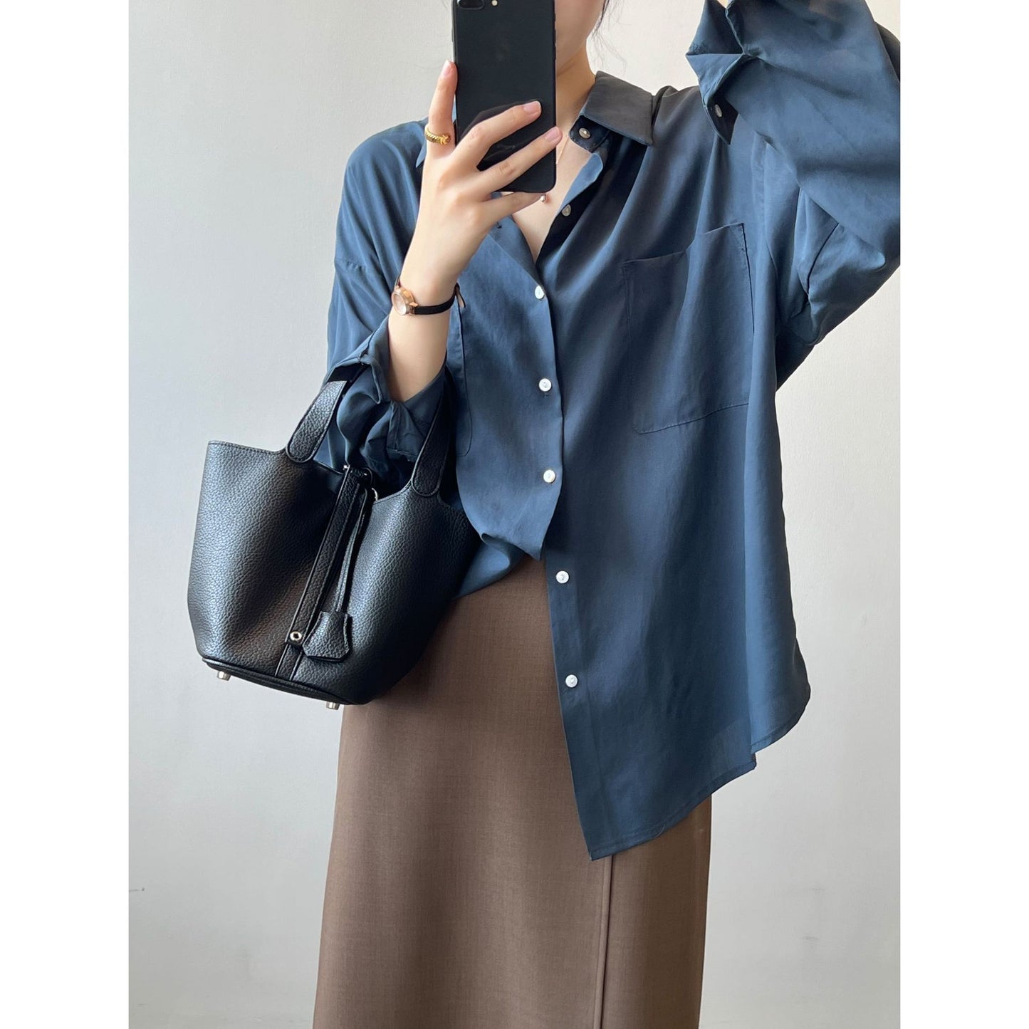 Tencel Shirt Women  Autumn Korean Long Sleeve Retro Design Loose Lapels Shirt