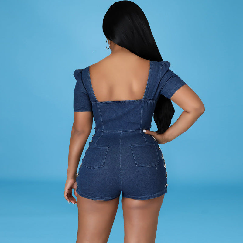 Women Clothing Autumn Front Zipper Backless sexy Denim Romper