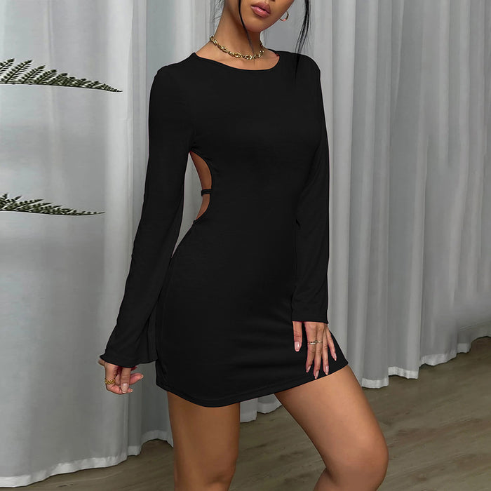 Women Clothing Sexy Backless round Neck Pullover Bell Sleeve Hip Dress Long Sleeve Dress