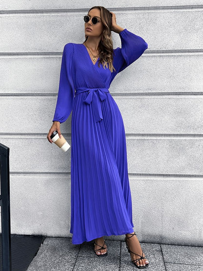 Autumn Winter Women V neck Long Sleeve Pleated A line  Mid Length Dress