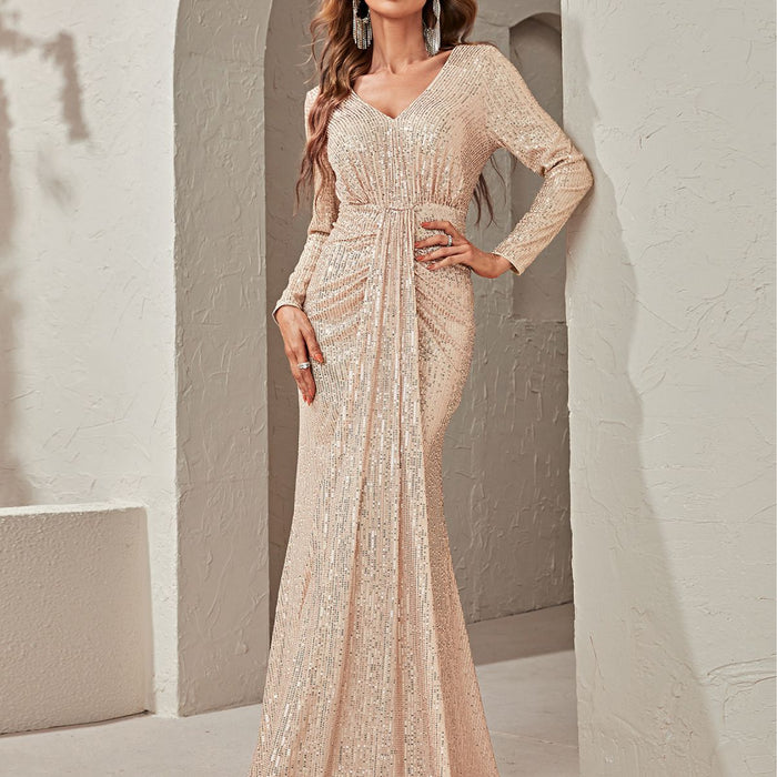 Evening Dress Sequined Long Sleeve V Neck Simplicity Elegant Evening Dress Fishtail Dress