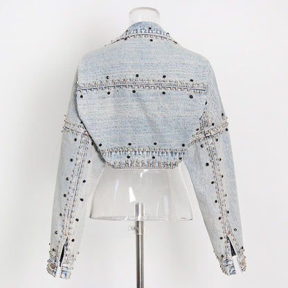 Shawl Denim Coat Jacket Loose Long Sleeve Heavy Industry Rivet Thin Denim Top Fall Women Clothing