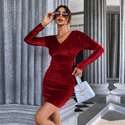 Autumn Winter Women Clothing Sexy Backless Hip Waist Controlled Slimming Long Sleeve Velvet Dress