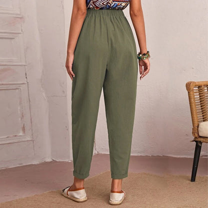 Fall High Waist Solid Color Elastic Waist with Pocket Fashionable Comfortable Skinny Pants Cropped Pants