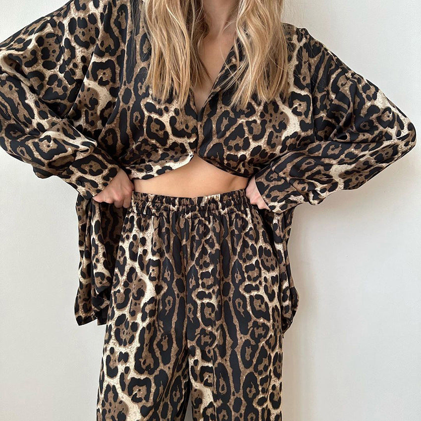 Leopard Print Printed Loose Long Sleeves Comfortable Trousers Two Piece Ladies Homewear