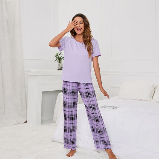 Solid Color round Neck T Printed Checks Women Casual Suit Homewear Pajamas Women