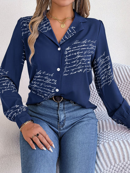 Autumn Winter Casual All Match Letters Suit Collar Long Sleeve Shirt Women Clothing
