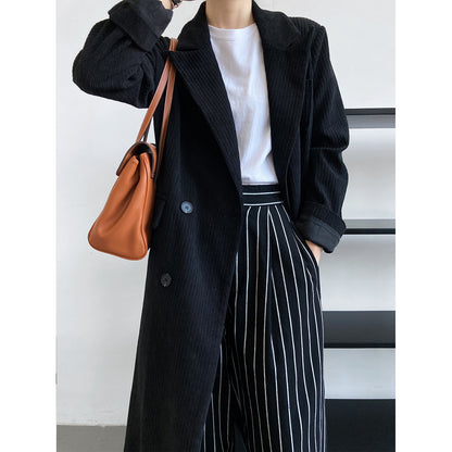 Corduroy Blazer Women Mid Length over the Knee Spring Autumn British High Sense Woolen Coat