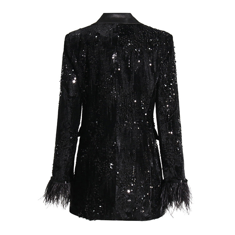 Autumn Socialite Affordable Luxury Sequined Blazer  Slim Fit Cuff Furry Stitching Small Blazer