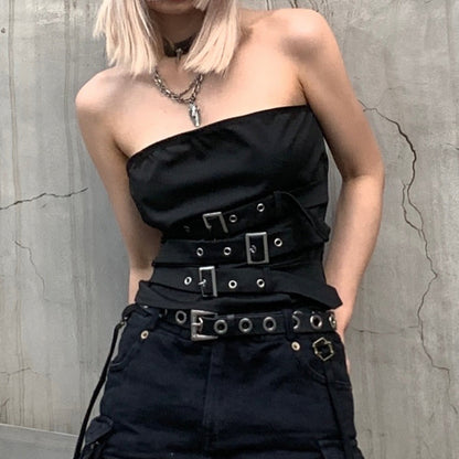 Punk Dark Corns Multiple Straps Metal Adjustment Buckle Tube Top Vest Sexy off the Shoulder Sexy Top