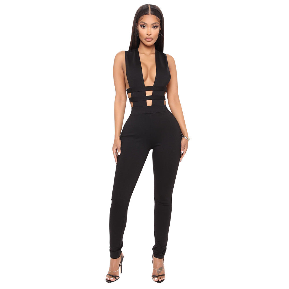 Autumn Winter Women Clothing Hollowed out Stitching Sexy V neck Sleeveless Tight Jumpsuit