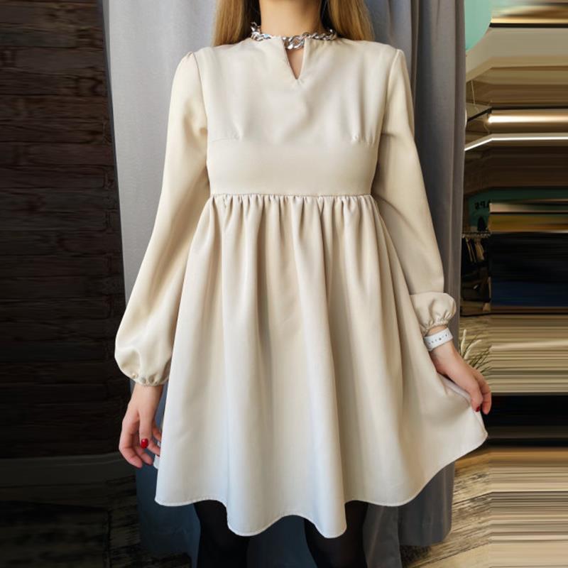 Spring Loose Comfortable High Waist Solid Color Stitching Small V-neck Elegant Slimming Dress Shirt A- line