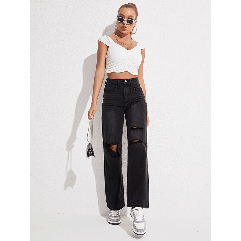 Summer Jeans Women Black Ripped Straight Casual Trousers Street