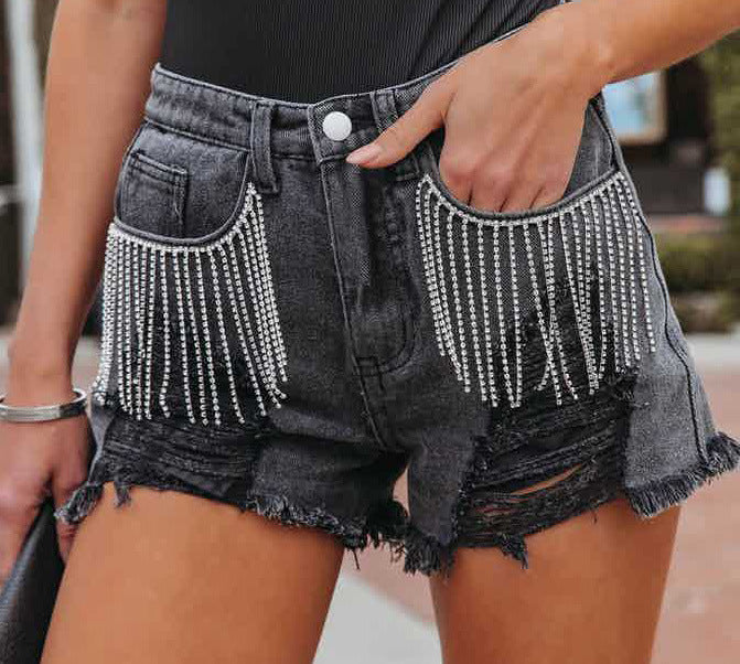 Women Clothing Arrival Casual Chain Tassel Ripped Denim Shorts