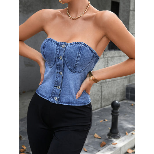 Women Clothing Casual Trend Bandeau Sexy Backless All-Matching Jeans Vest