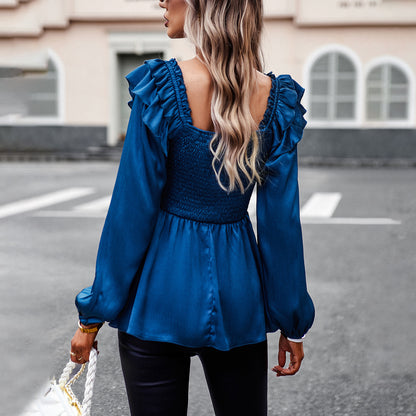 Solid Color Shirt Women Autumn Winter Office Smocking Long Sleeve Top