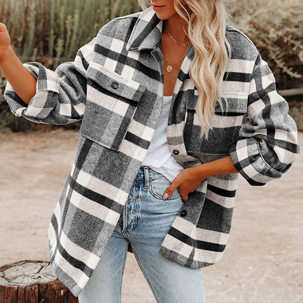 Women Clothing Autumn Winter New  Plaid Button Shacket Flannel Woolen Coat Coat