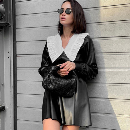 Autumn Winter Faux Leather  Dress Doll Collar Fitted Waist High Waist Long Sleeve Black Punk Street Women