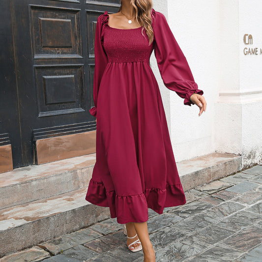 Pullover Bell Sleeve Casual Ruffled Square Collar Elastic Waist Large Swing Spring Dress Maxi Dress