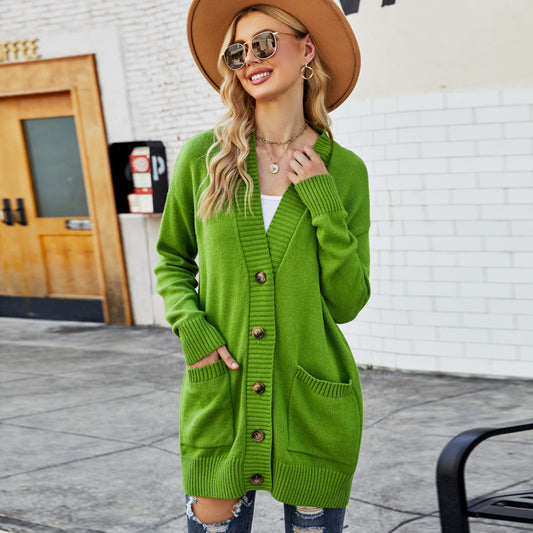 Idle V neck Sweater Coat Women Autumn Winter Retro Design Mid Length Knitted Cardigan Top