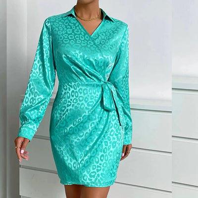 Dress Autumn Popular Elegant Leopard Print Collar Long Sleeve Mid Waist Lace Up