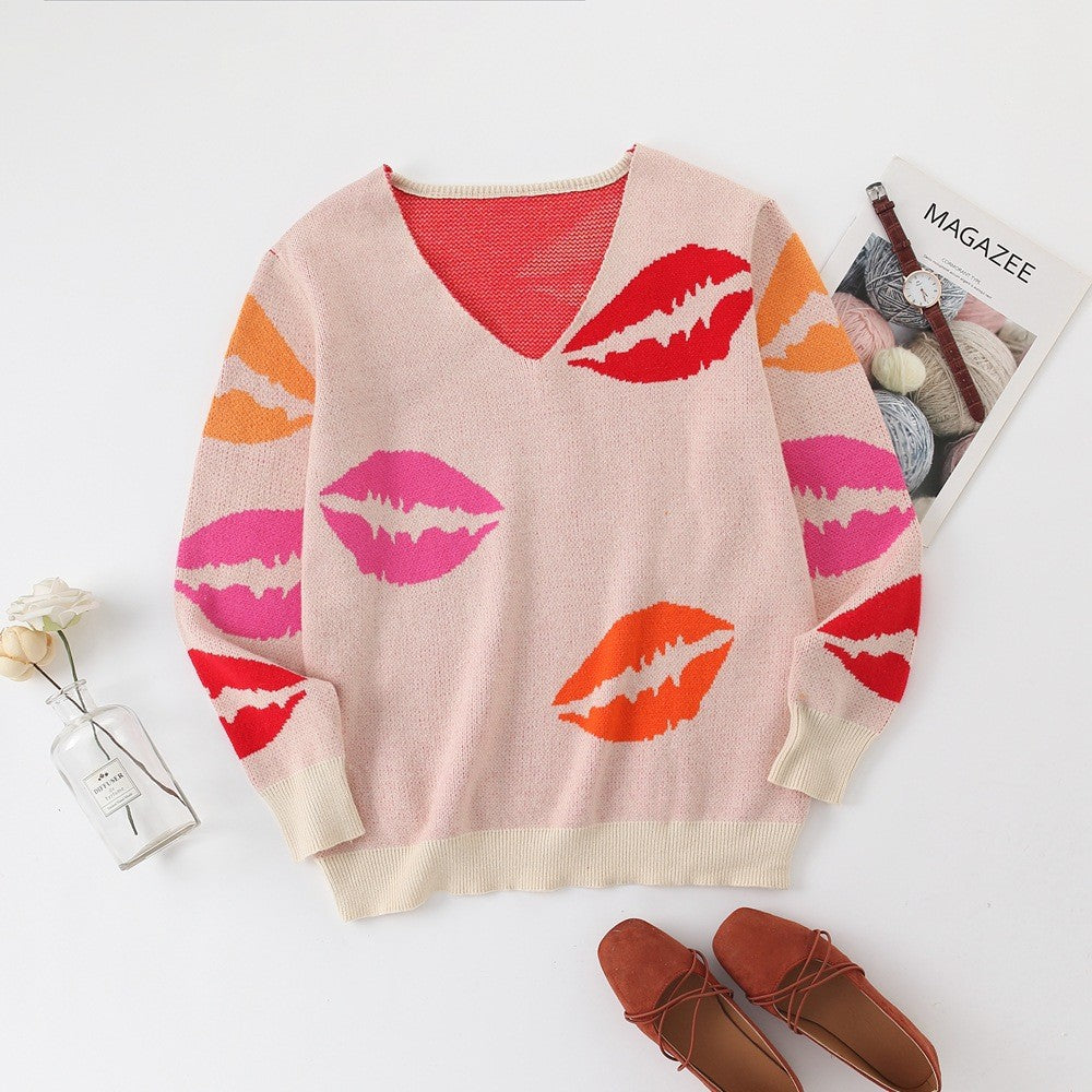 Women Autumn Winter Kiss Lips V-neck Core-Spun Yarn Pullover Sweater