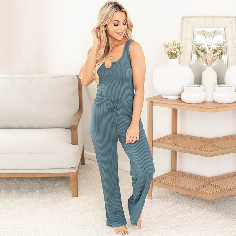 Women Clothing Summer Pajamas Women Solid Color Suspender Trousers Casual Ladies Home Casual Suit