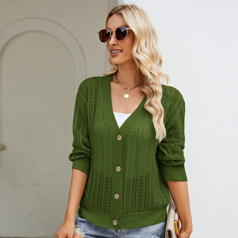 Dignified Hollow Out Cutout Knitted Cardigan Outer Wear Women Clothing All Matching V Neck Sweater