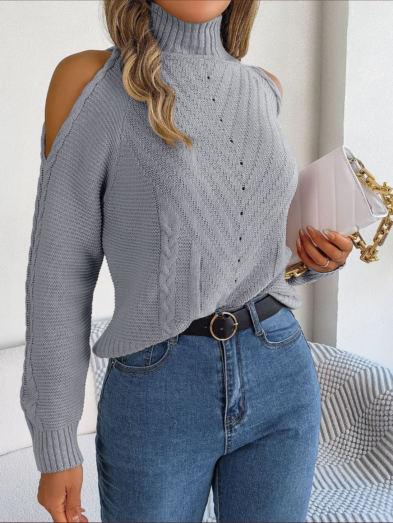 Autumn Winter Casual off Shoulder Turtleneck Hollow Out Cutout Long Sleeve Knitted Pullover Sweater Women Clothing