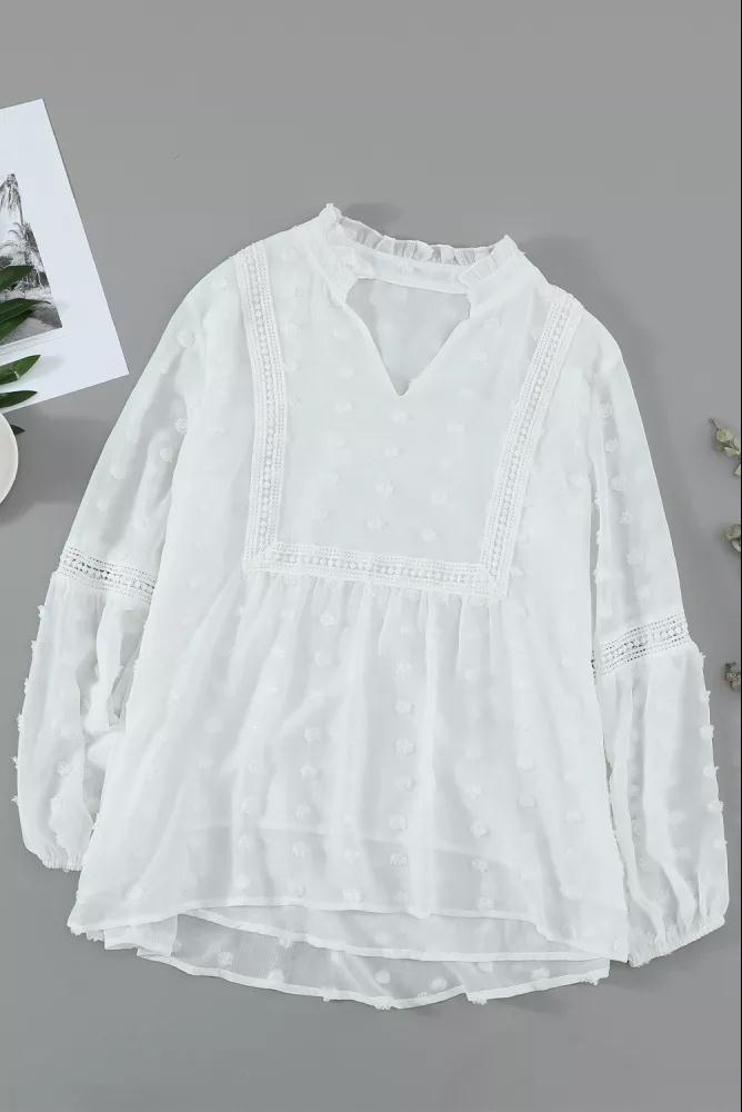 Spring Summer Loose V neck Lantern Sleeve Long Sleeve Pullover Shirt Chiffon Jacquard Solid Color