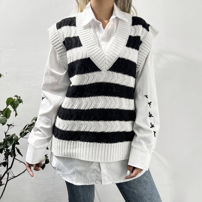 Autumn Winter Knitted Vest Black White Contrast Color V neck Striped Sweater Vest